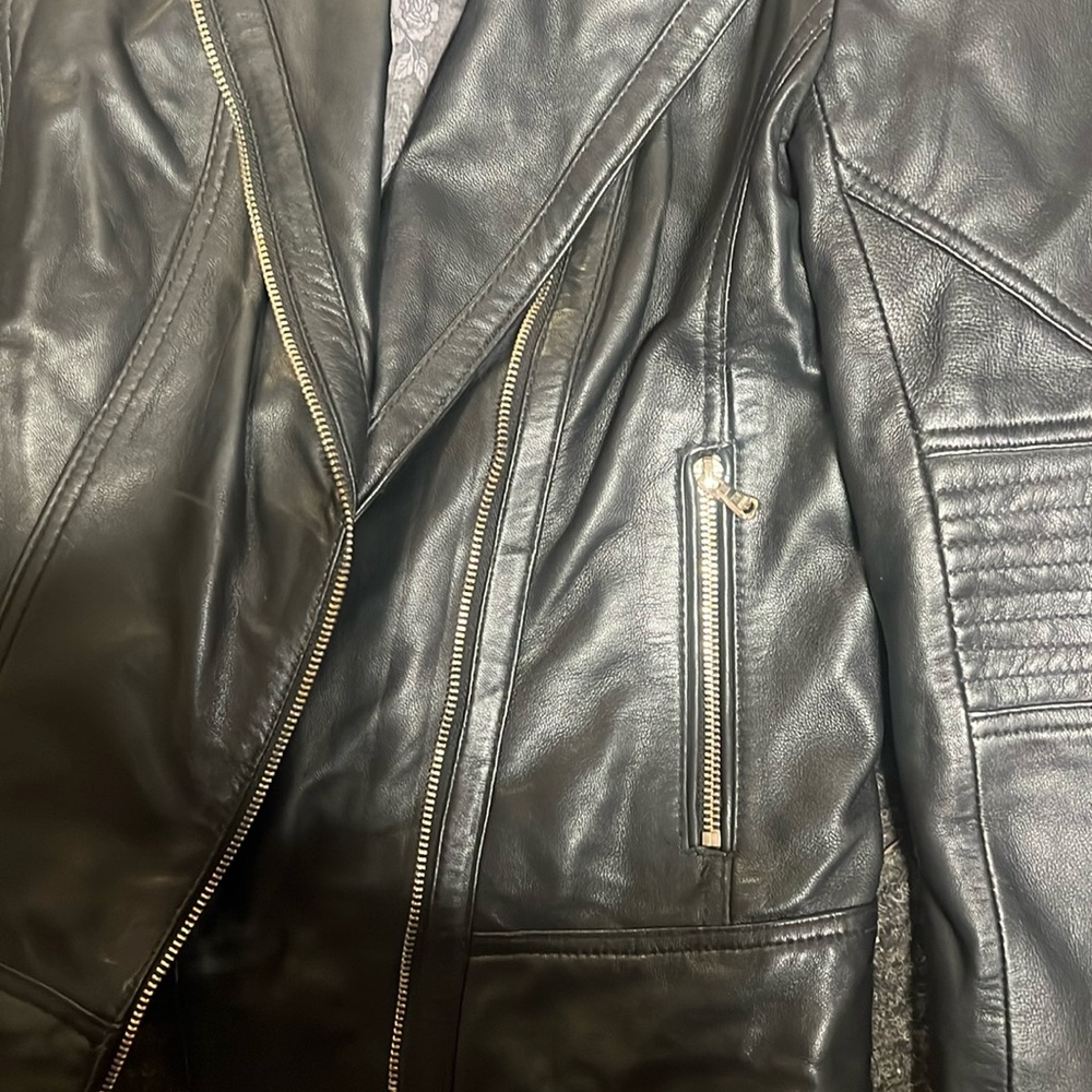 Guess Moto Black Leather Jacket with Asymmetrical Zipper Gold Ascents Size S/M - Picture 12 of 13